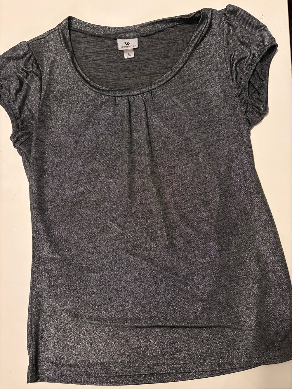 Worthington Metallic Charcoal Short Sleeve Scoop Neck Top